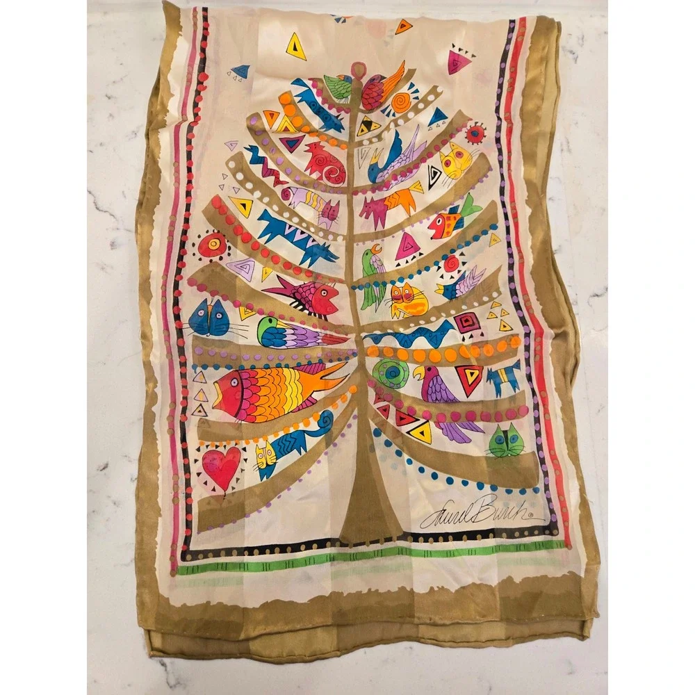 Laurel Burch Silk Scarf Tree of Life Whimsical Cats Birds Fish Rectangular Wrap